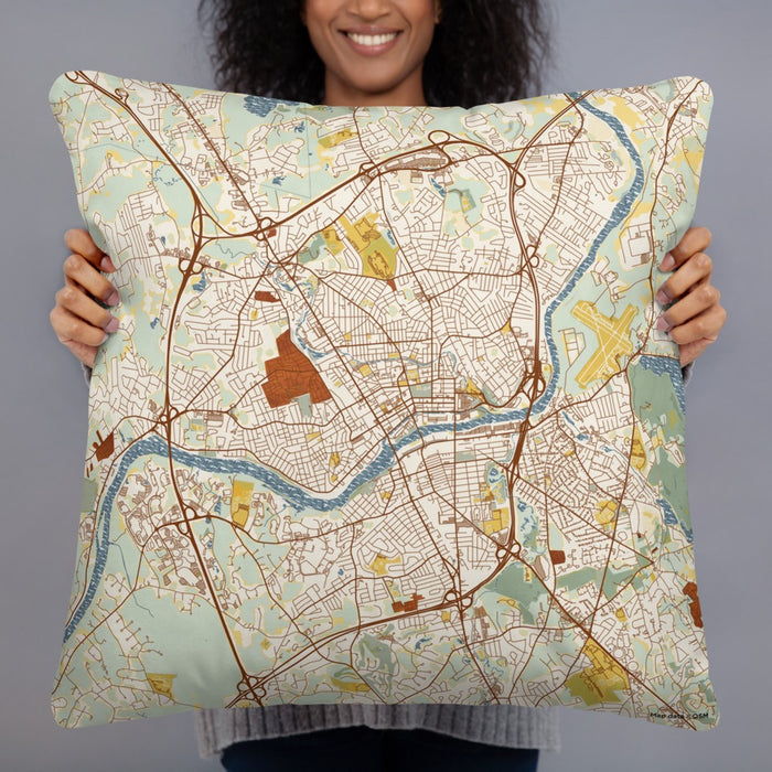 Person holding 22x22 Custom Lawrence Massachusetts Map Throw Pillow in Woodblock