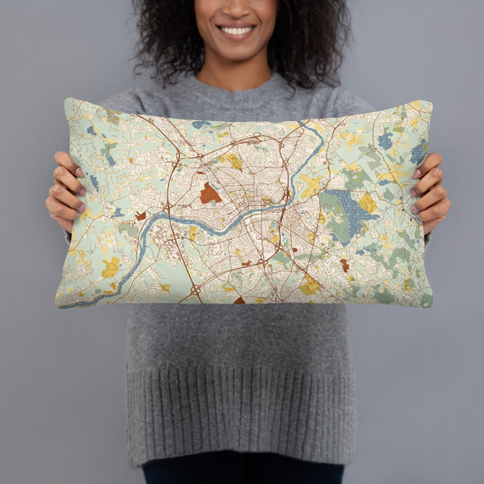 Person holding 20x12 Custom Lawrence Massachusetts Map Throw Pillow in Woodblock