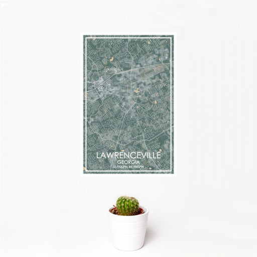 12x18 Lawrenceville Georgia Map Print Portrait Orientation in Afternoon Style With Small Cactus Plant in White Planter