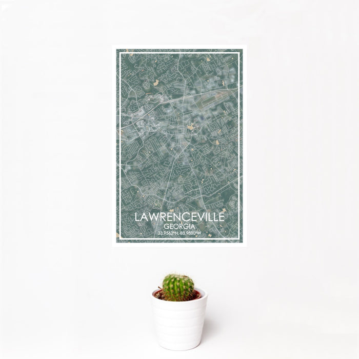 12x18 Lawrenceville Georgia Map Print Portrait Orientation in Afternoon Style With Small Cactus Plant in White Planter