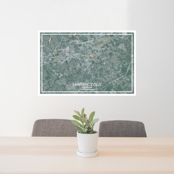 24x36 Lawrenceville Georgia Map Print Lanscape Orientation in Afternoon Style Behind 2 Chairs Table and Potted Plant