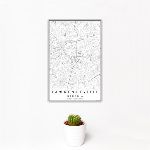 12x18 Lawrenceville Georgia Map Print Portrait Orientation in Classic Style With Small Cactus Plant in White Planter
