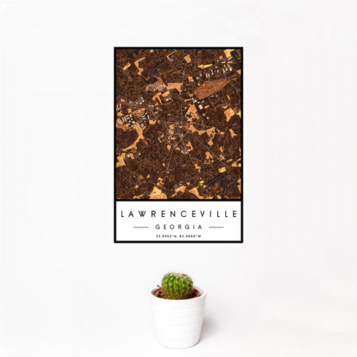12x18 Lawrenceville Georgia Map Print Portrait Orientation in Ember Style With Small Cactus Plant in White Planter