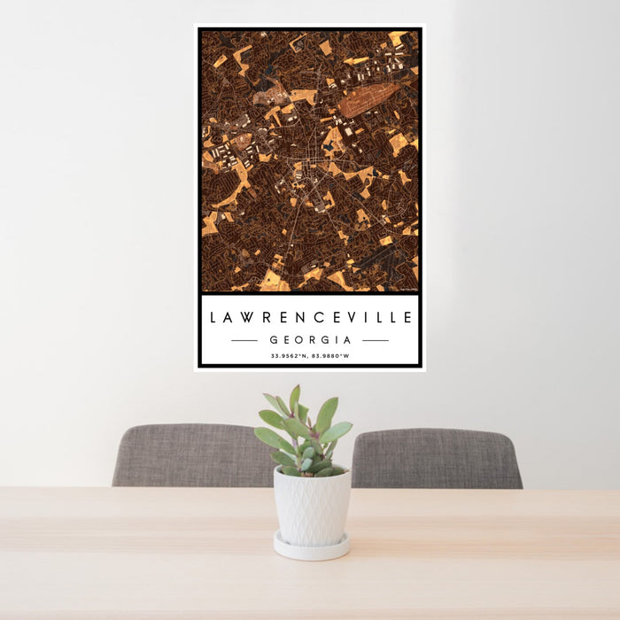 24x36 Lawrenceville Georgia Map Print Portrait Orientation in Ember Style Behind 2 Chairs Table and Potted Plant