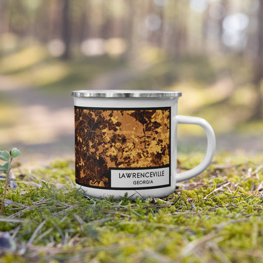 Right View Custom Lawrenceville Georgia Map Enamel Mug in Ember on Grass With Trees in Background