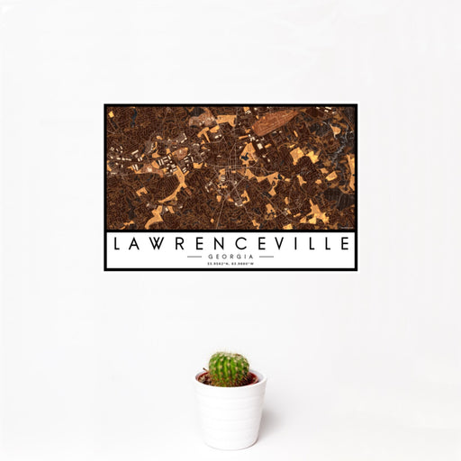 12x18 Lawrenceville Georgia Map Print Landscape Orientation in Ember Style With Small Cactus Plant in White Planter