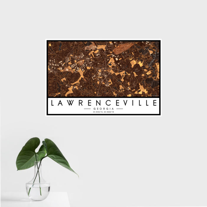 16x24 Lawrenceville Georgia Map Print Landscape Orientation in Ember Style With Tropical Plant Leaves in Water