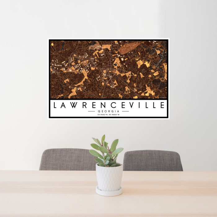 24x36 Lawrenceville Georgia Map Print Landscape Orientation in Ember Style Behind 2 Chairs Table and Potted Plant