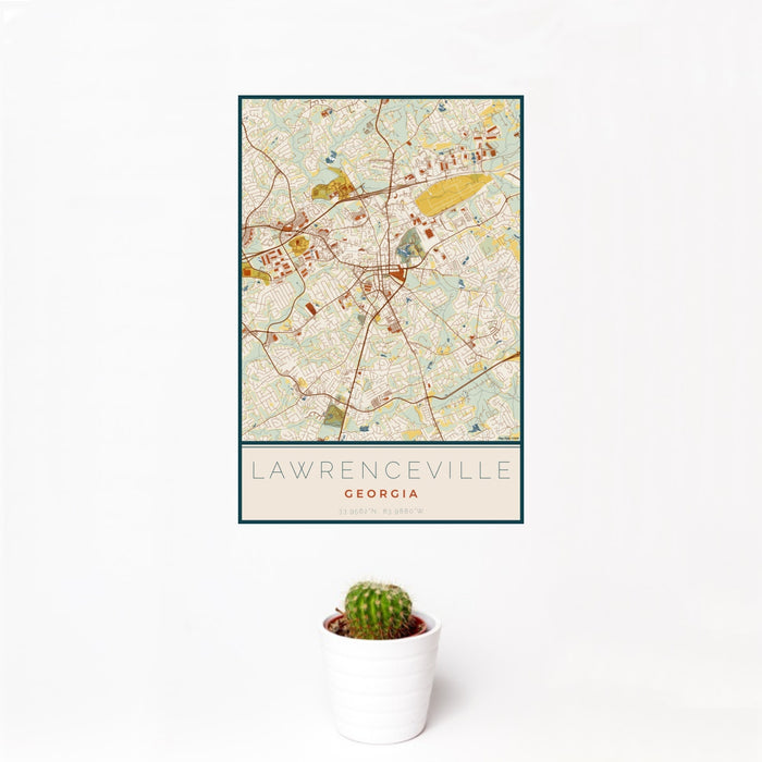 12x18 Lawrenceville Georgia Map Print Portrait Orientation in Woodblock Style With Small Cactus Plant in White Planter