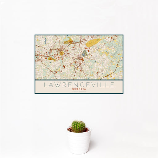 12x18 Lawrenceville Georgia Map Print Landscape Orientation in Woodblock Style With Small Cactus Plant in White Planter