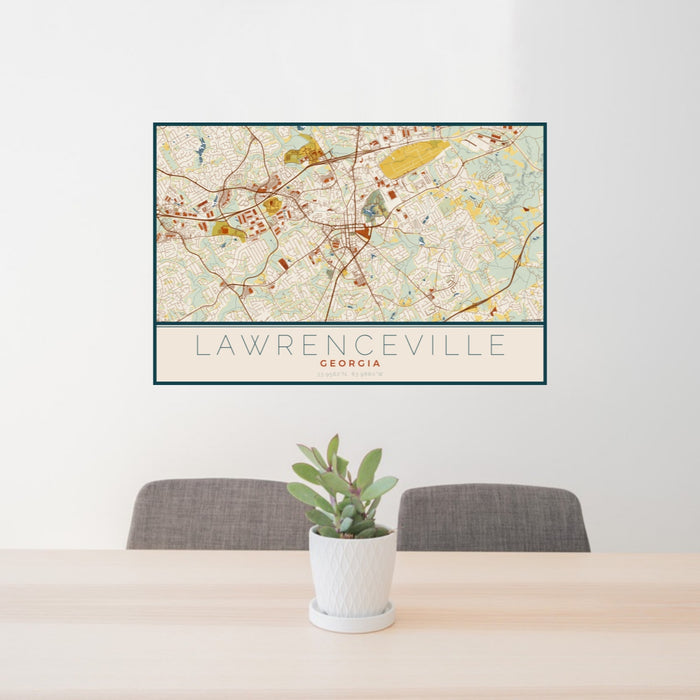 24x36 Lawrenceville Georgia Map Print Landscape Orientation in Woodblock Style Behind 2 Chairs Table and Potted Plant