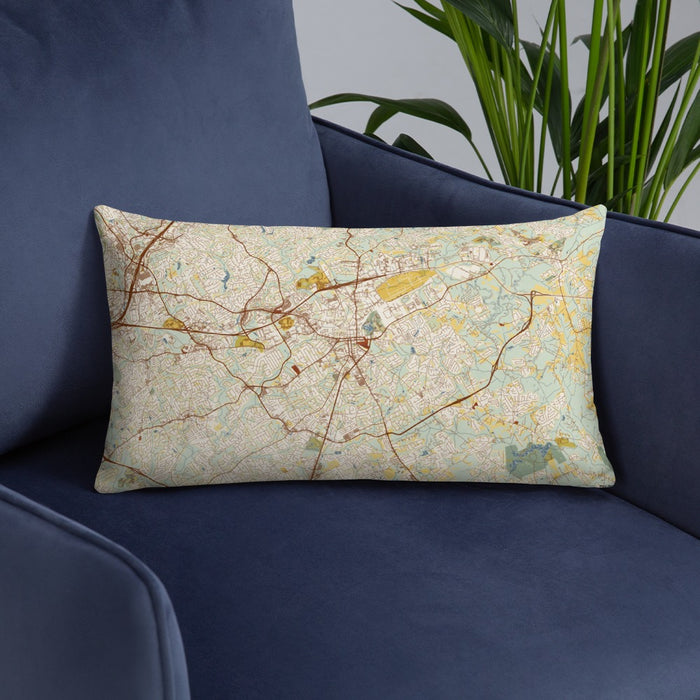 Custom Lawrenceville Georgia Map Throw Pillow in Woodblock on Blue Colored Chair