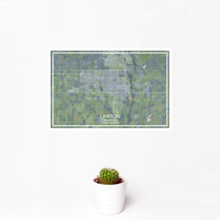 12x18 Lawton Oklahoma Map Print Landscape Orientation in Afternoon Style With Small Cactus Plant in White Planter