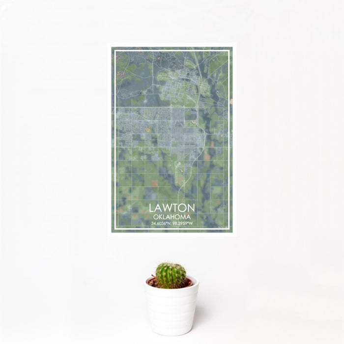 12x18 Lawton Oklahoma Map Print Portrait Orientation in Afternoon Style With Small Cactus Plant in White Planter
