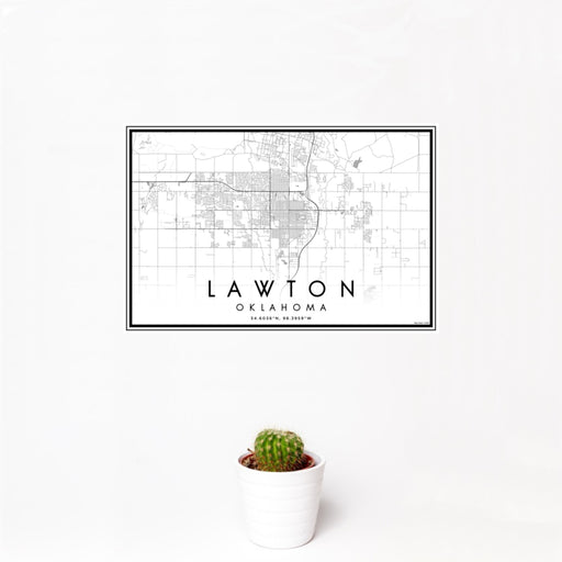12x18 Lawton Oklahoma Map Print Landscape Orientation in Classic Style With Small Cactus Plant in White Planter