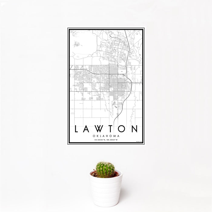 12x18 Lawton Oklahoma Map Print Portrait Orientation in Classic Style With Small Cactus Plant in White Planter