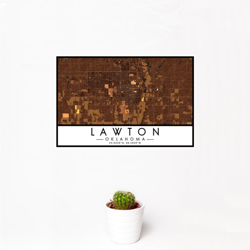 12x18 Lawton Oklahoma Map Print Landscape Orientation in Ember Style With Small Cactus Plant in White Planter