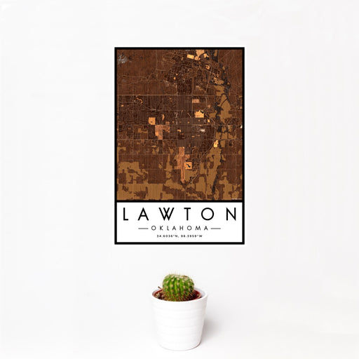 12x18 Lawton Oklahoma Map Print Portrait Orientation in Ember Style With Small Cactus Plant in White Planter