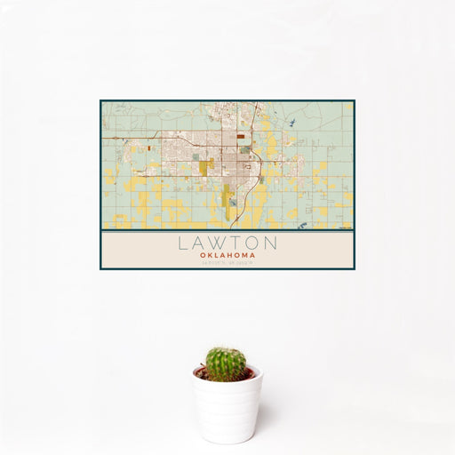 12x18 Lawton Oklahoma Map Print Landscape Orientation in Woodblock Style With Small Cactus Plant in White Planter