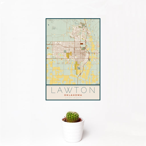 12x18 Lawton Oklahoma Map Print Portrait Orientation in Woodblock Style With Small Cactus Plant in White Planter
