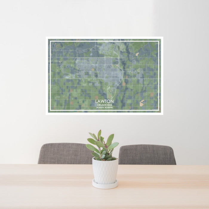 24x36 Lawton Oklahoma Map Print Lanscape Orientation in Afternoon Style Behind 2 Chairs Table and Potted Plant