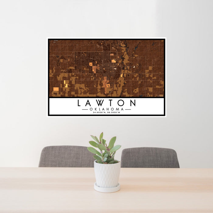 24x36 Lawton Oklahoma Map Print Lanscape Orientation in Ember Style Behind 2 Chairs Table and Potted Plant