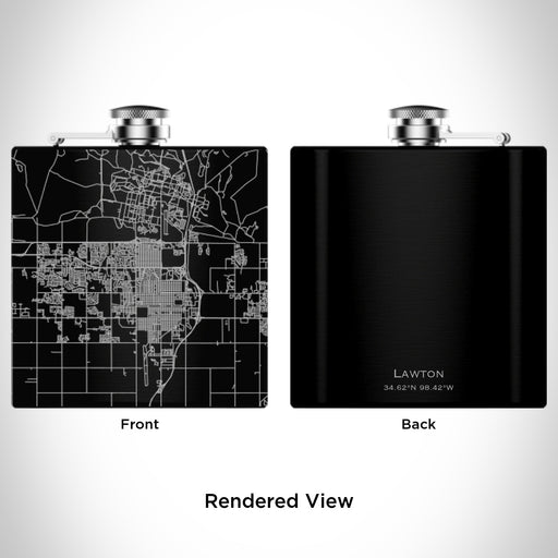 Rendered View of Lawton Oklahoma Map Engraving on 6oz Stainless Steel Flask in Black
