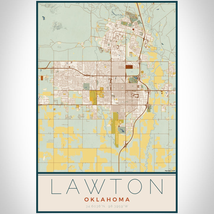 Lawton Oklahoma Map Print Portrait Orientation in Woodblock Style With Shaded Background