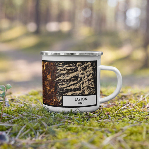 Right View Custom Layton Utah Map Enamel Mug in Ember on Grass With Trees in Background