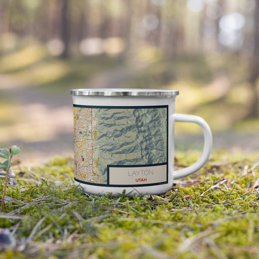 Right View Custom Layton Utah Map Enamel Mug in Woodblock on Grass With Trees in Background