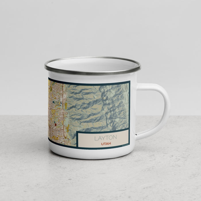 Right View Custom Layton Utah Map Enamel Mug in Woodblock