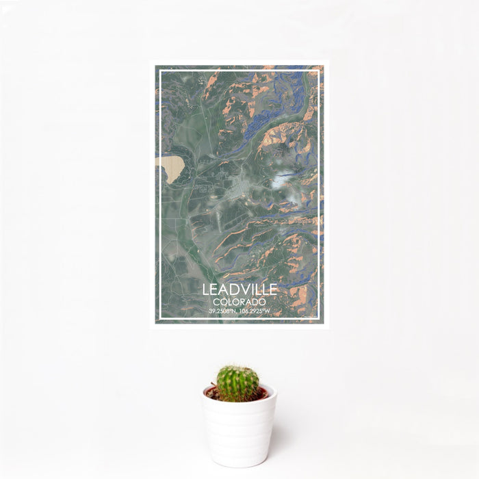 12x18 Leadville Colorado Map Print Portrait Orientation in Afternoon Style With Small Cactus Plant in White Planter