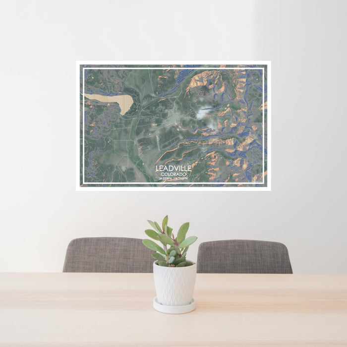 24x36 Leadville Colorado Map Print Lanscape Orientation in Afternoon Style Behind 2 Chairs Table and Potted Plant