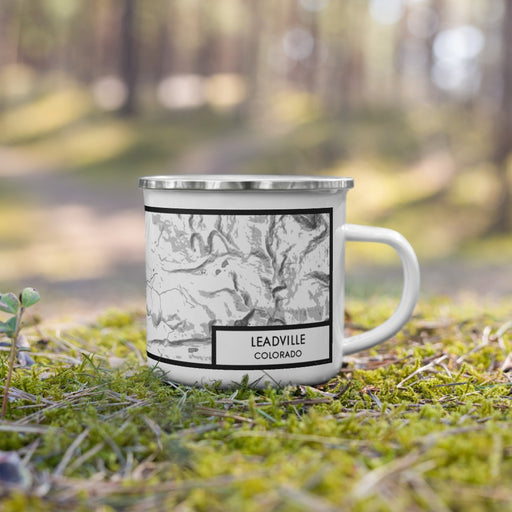 Right View Custom Leadville Colorado Map Enamel Mug in Classic on Grass With Trees in Background