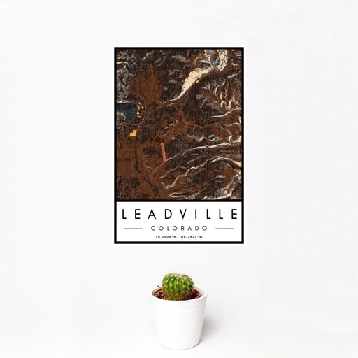 12x18 Leadville Colorado Map Print Portrait Orientation in Ember Style With Small Cactus Plant in White Planter
