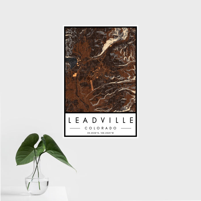 16x24 Leadville Colorado Map Print Portrait Orientation in Ember Style With Tropical Plant Leaves in Water