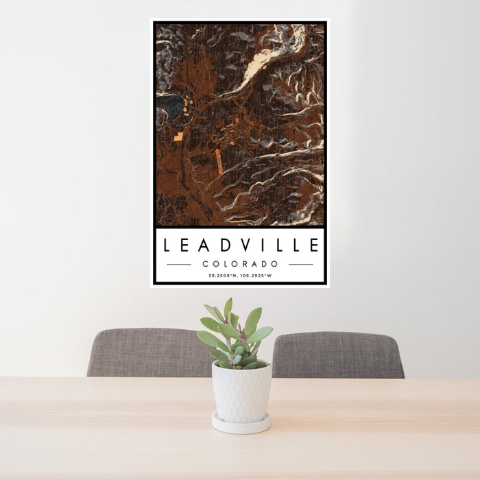24x36 Leadville Colorado Map Print Portrait Orientation in Ember Style Behind 2 Chairs Table and Potted Plant