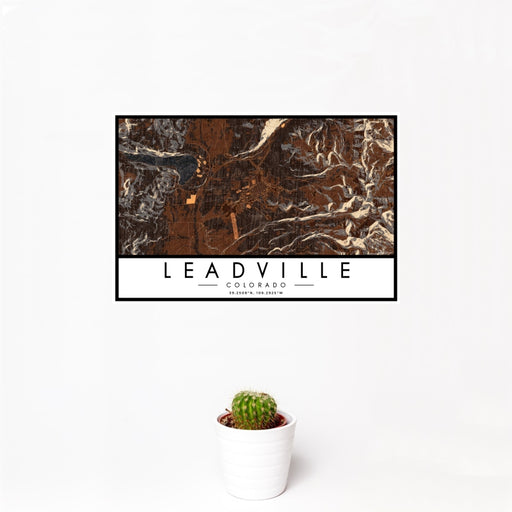 12x18 Leadville Colorado Map Print Landscape Orientation in Ember Style With Small Cactus Plant in White Planter