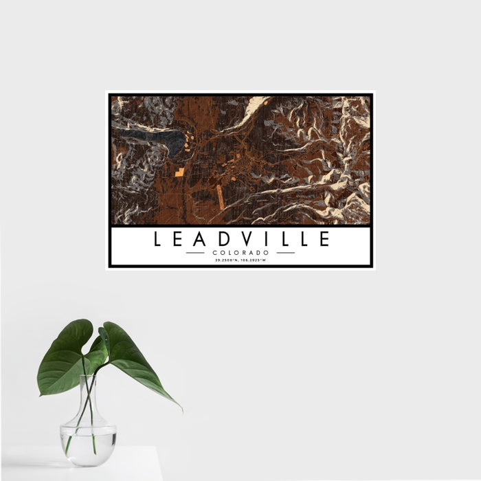 16x24 Leadville Colorado Map Print Landscape Orientation in Ember Style With Tropical Plant Leaves in Water