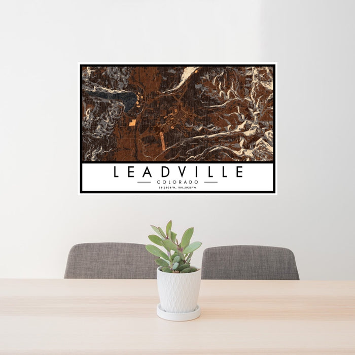 24x36 Leadville Colorado Map Print Landscape Orientation in Ember Style Behind 2 Chairs Table and Potted Plant