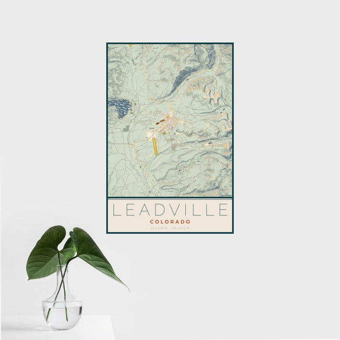 16x24 Leadville Colorado Map Print Portrait Orientation in Woodblock Style With Tropical Plant Leaves in Water
