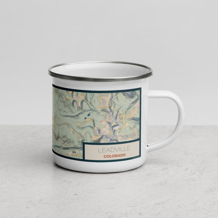 Right View Custom Leadville Colorado Map Enamel Mug in Woodblock