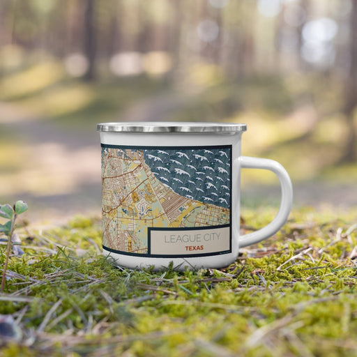 Right View Custom League City Texas Map Enamel Mug in Woodblock on Grass With Trees in Background