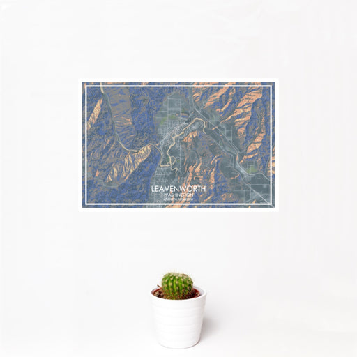 12x18 Leavenworth Washington Map Print Landscape Orientation in Afternoon Style With Small Cactus Plant in White Planter