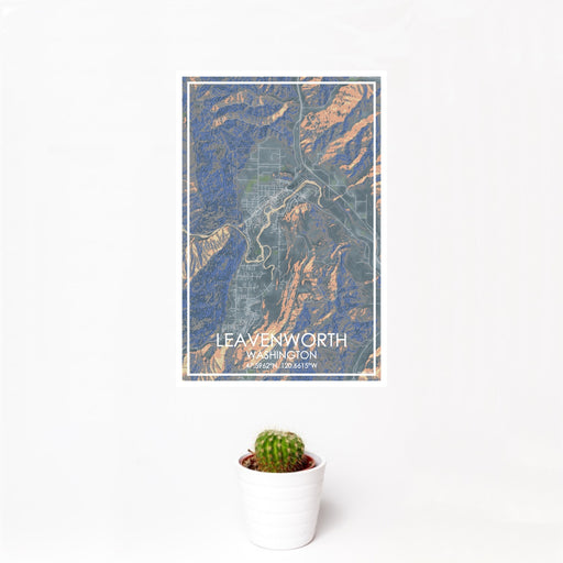 12x18 Leavenworth Washington Map Print Portrait Orientation in Afternoon Style With Small Cactus Plant in White Planter