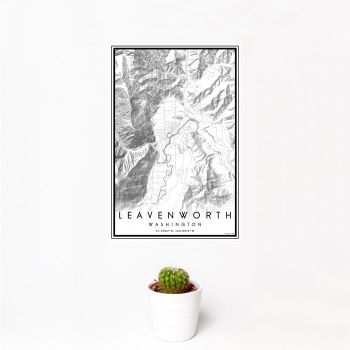 12x18 Leavenworth Washington Map Print Portrait Orientation in Classic Style With Small Cactus Plant in White Planter