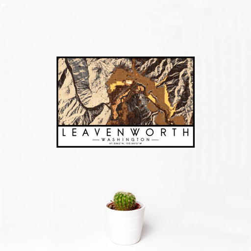 12x18 Leavenworth Washington Map Print Landscape Orientation in Ember Style With Small Cactus Plant in White Planter