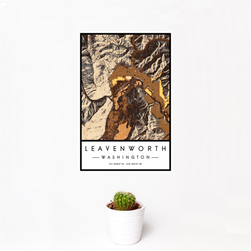12x18 Leavenworth Washington Map Print Portrait Orientation in Ember Style With Small Cactus Plant in White Planter