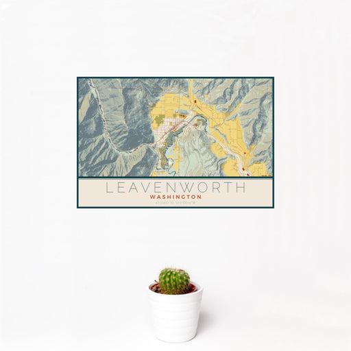 12x18 Leavenworth Washington Map Print Landscape Orientation in Woodblock Style With Small Cactus Plant in White Planter