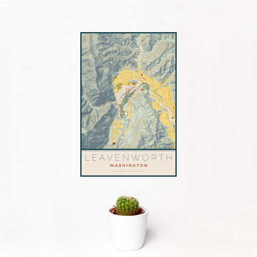 12x18 Leavenworth Washington Map Print Portrait Orientation in Woodblock Style With Small Cactus Plant in White Planter